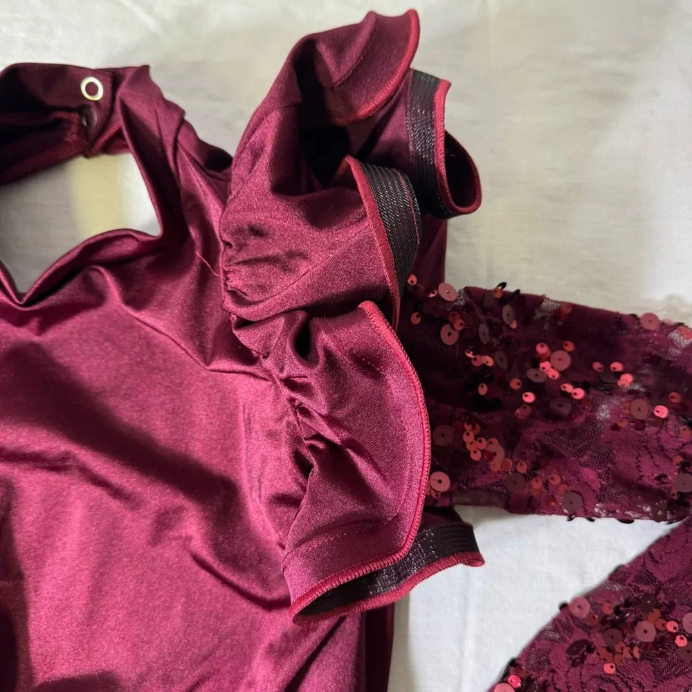 Weissman Burgundy Sequin Lace Dance Costume LC Competition Leotard‎ Dress